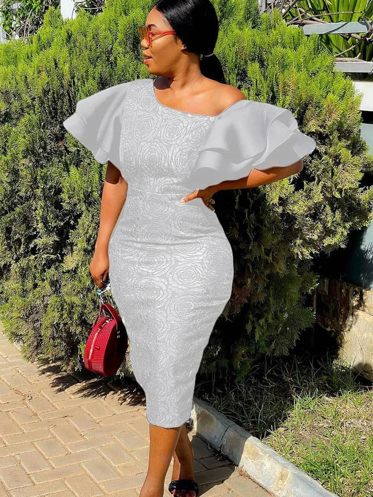 Flounce Oblique Collar Pencil Dresses