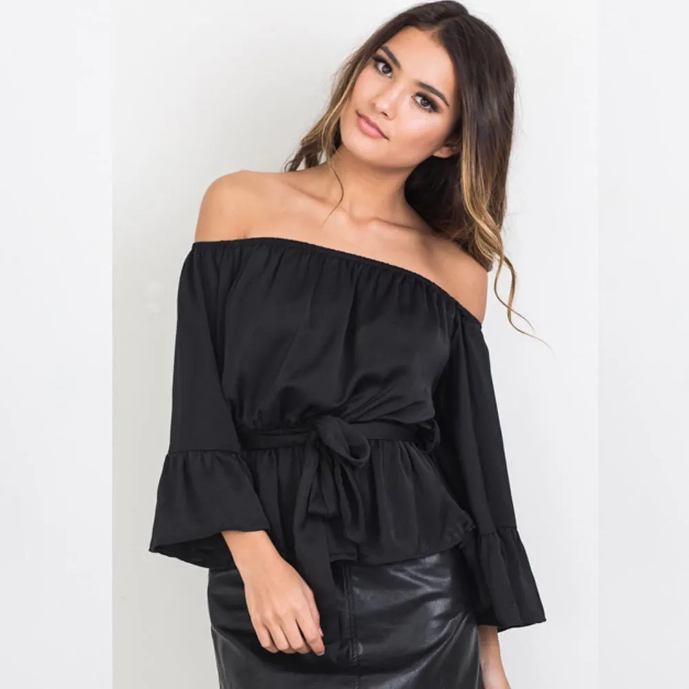 ForeFair trend ruffles sexy slash neck satin blouse long flare sleeve elegant belted silk women blouses plus size sexy tops