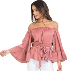 ForeFair trend ruffles sexy slash neck satin blouse long flare sleeve elegant belted silk women blouses plus size sexy tops