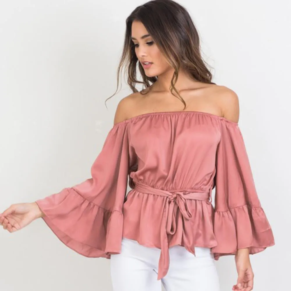 ForeFair trend ruffles sexy slash neck satin blouse long flare sleeve elegant belted silk women blouses plus size sexy tops