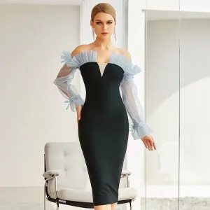 Form Fitting Pencil Skirt Midi Dress with Light Blue Sleeves and Frilly Bodice