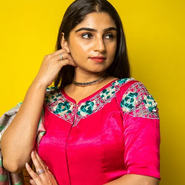 Fuchsia Pink Embroidered Silk Blouse