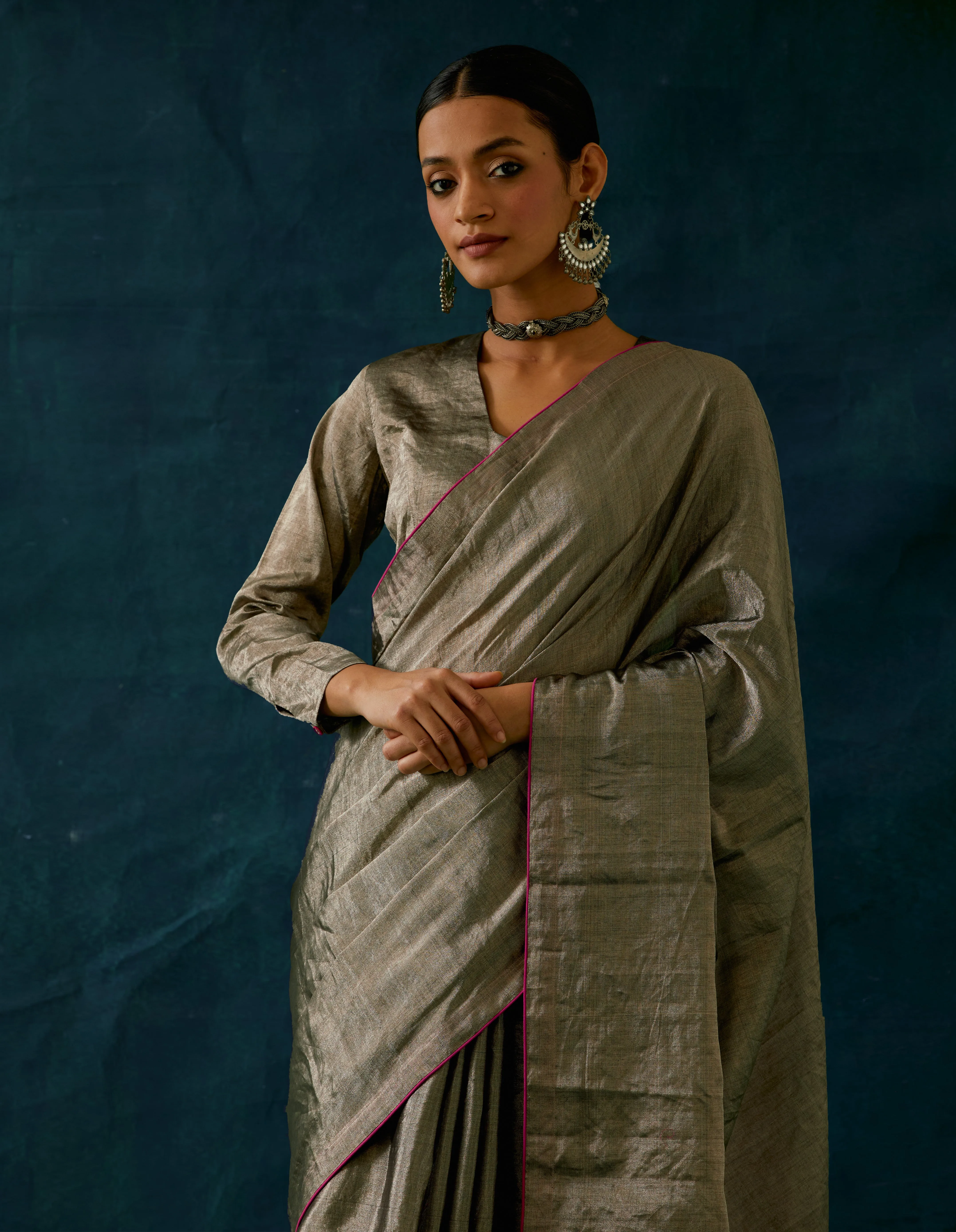 Full Sleeves Blouse in Black Silver Zari (Handloom)