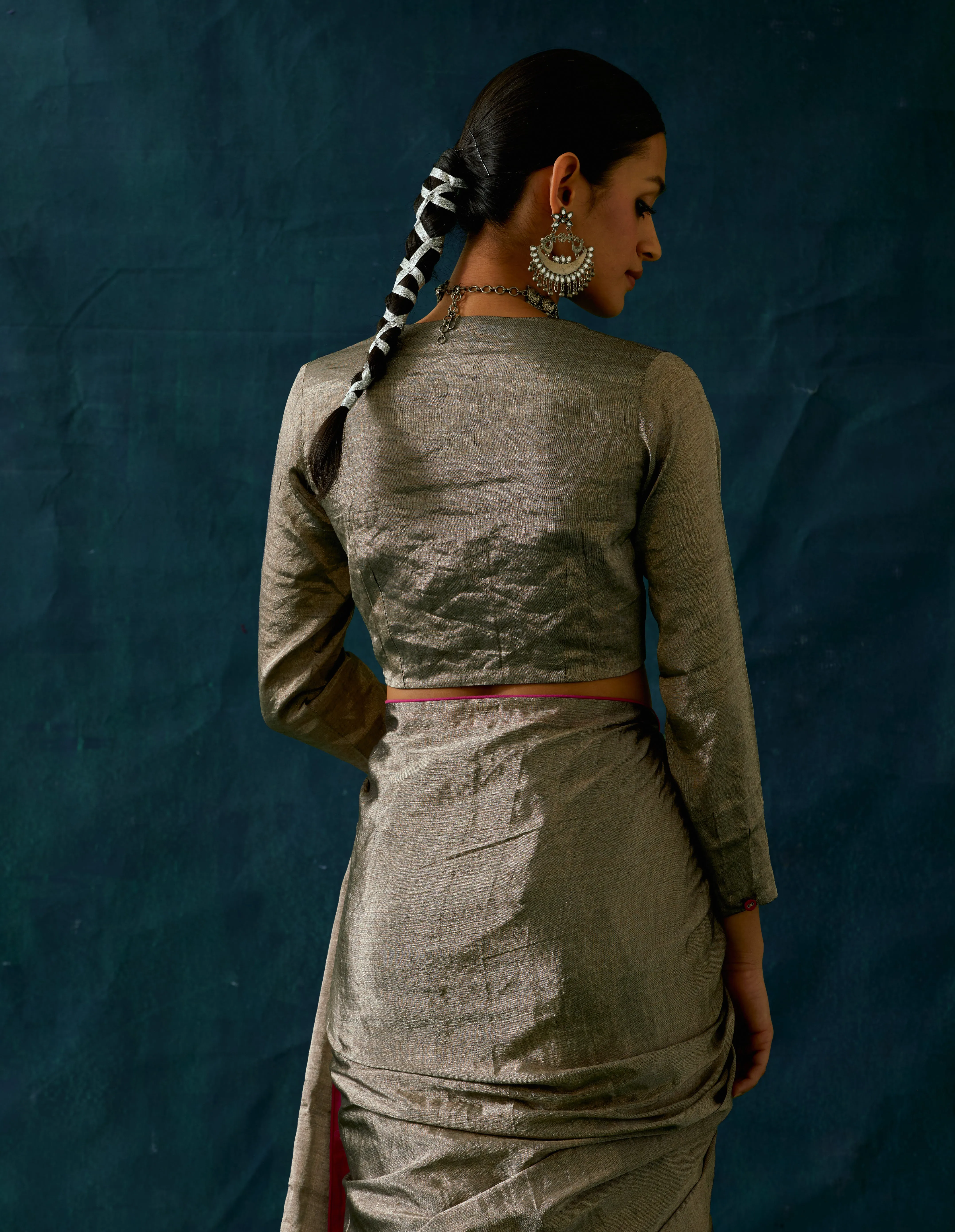 Full Sleeves Blouse in Black Silver Zari (Handloom)