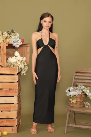 GERTRUDE Halter Cutout Stretch Midi Dress (Black)