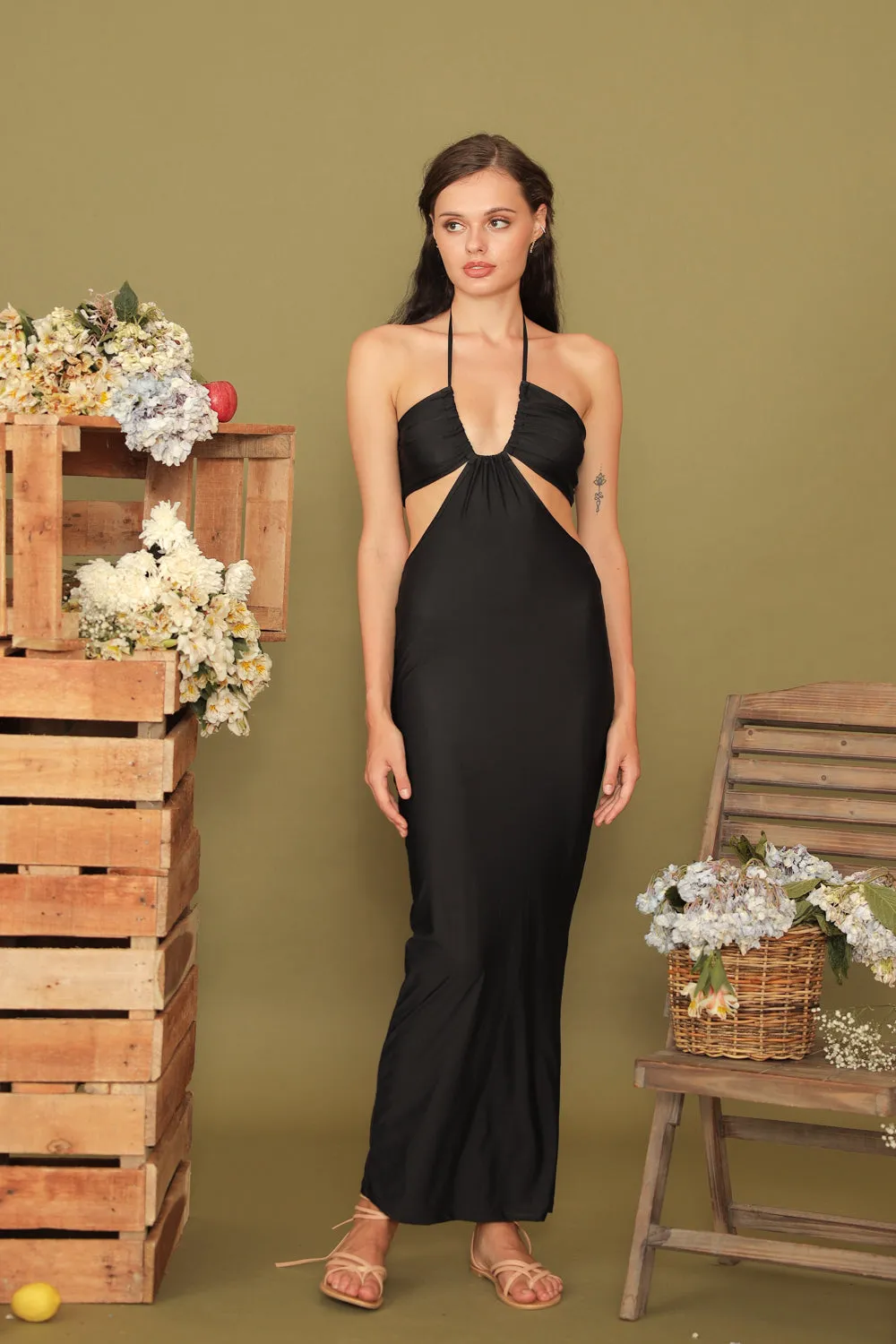 GERTRUDE Halter Cutout Stretch Midi Dress (Black)