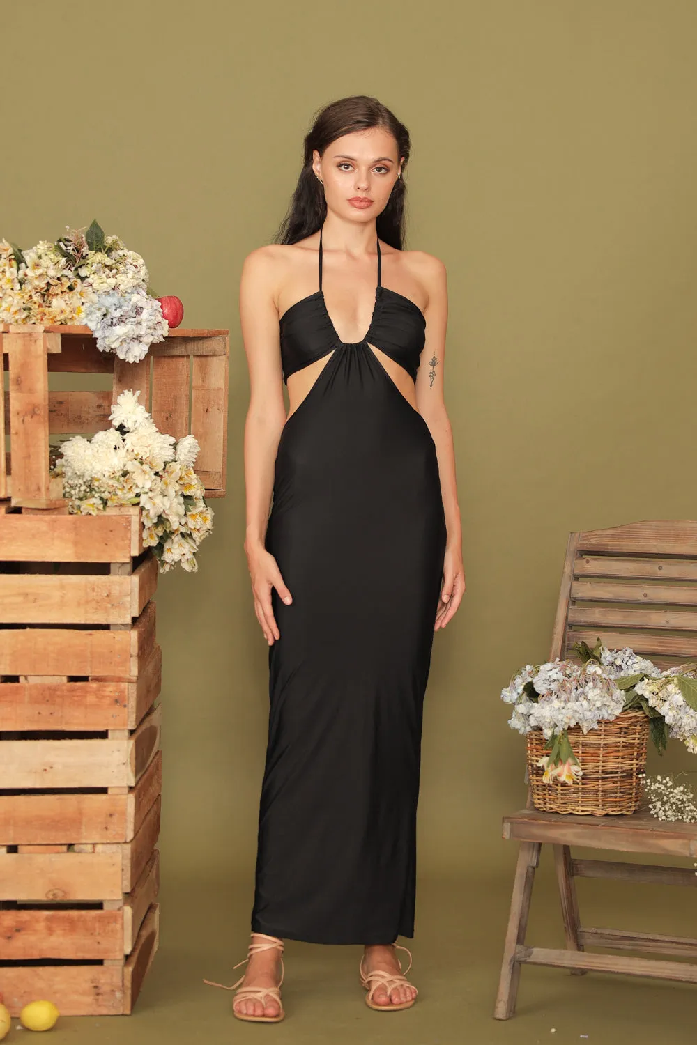 GERTRUDE Halter Cutout Stretch Midi Dress (Black)