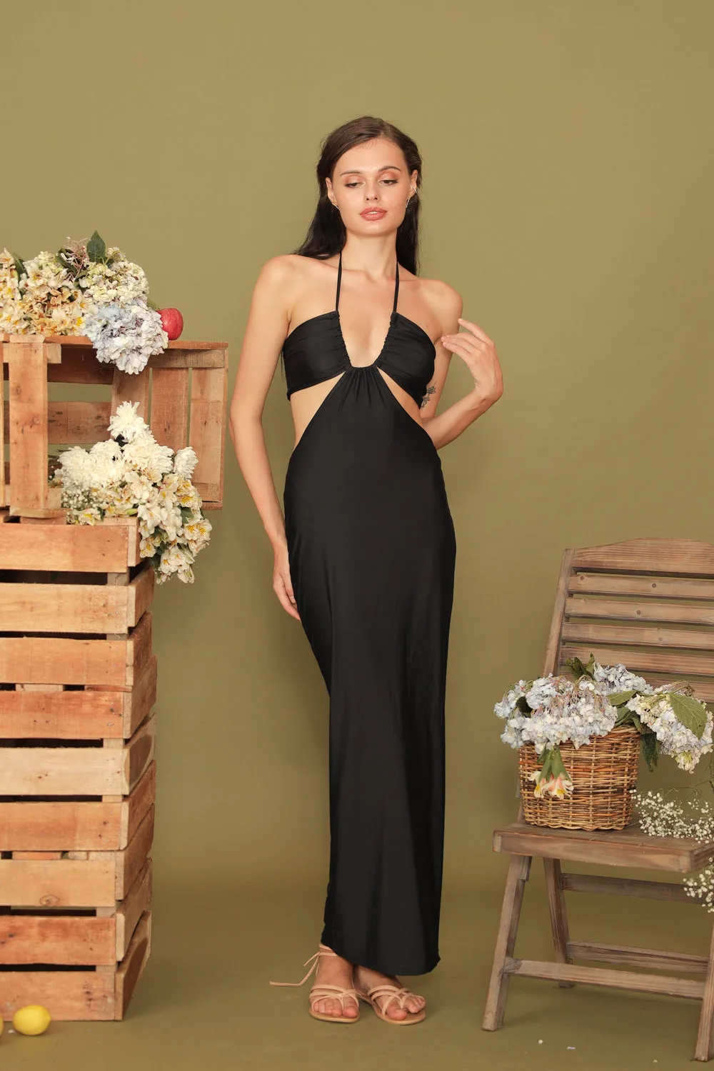GERTRUDE Halter Cutout Stretch Midi Dress (Black)