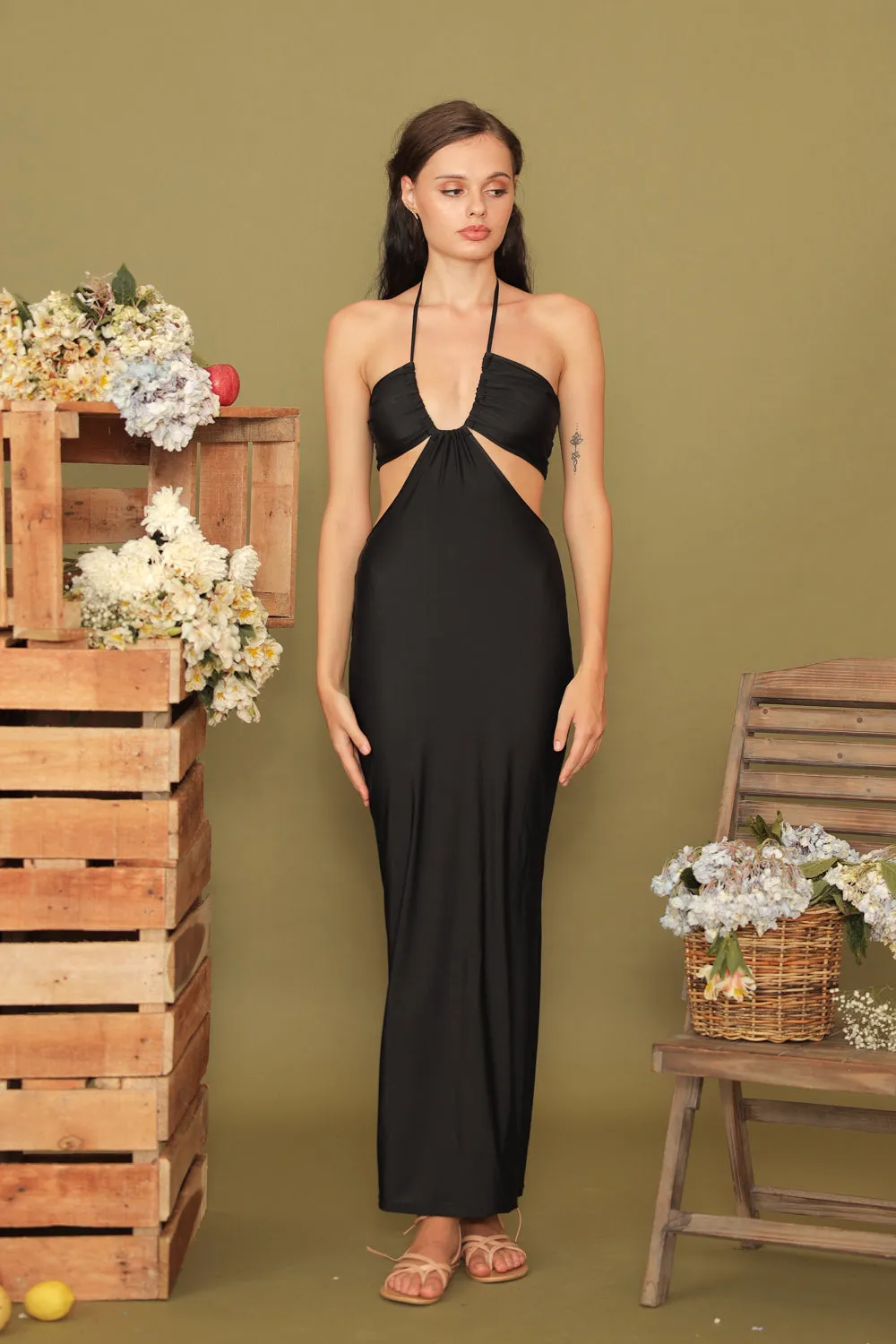 GERTRUDE Halter Cutout Stretch Midi Dress (Black)