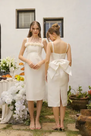 Giselle Strappy Pencil Cut Midi Dress with Flowers on Neckline (Ivory White Gazaar)