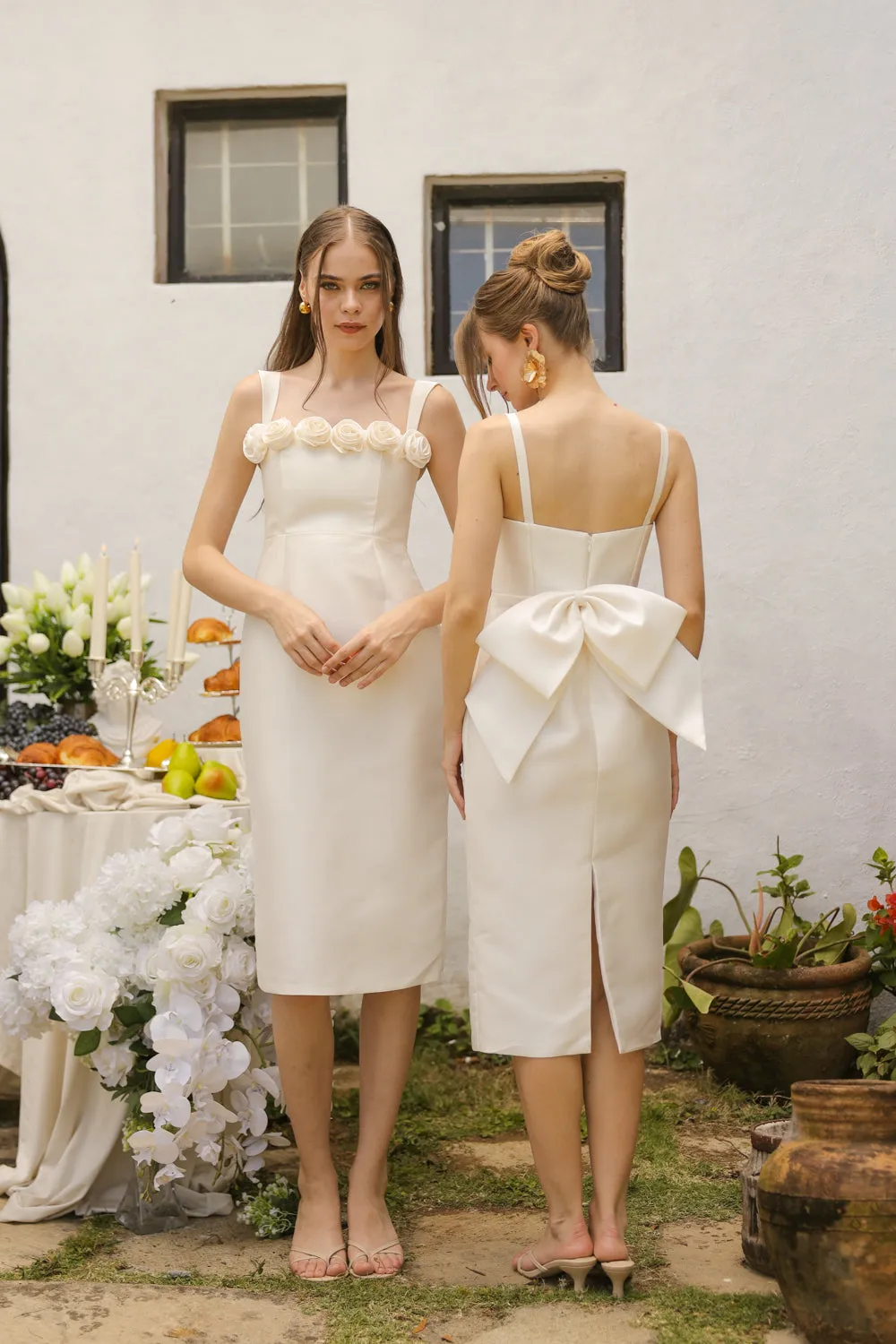 Giselle Strappy Pencil Cut Midi Dress with Flowers on Neckline (Ivory White Gazaar)