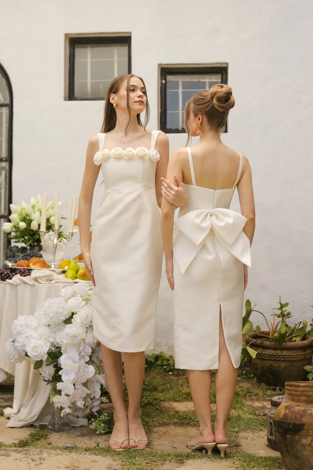 Giselle Strappy Pencil Cut Midi Dress with Flowers on Neckline (Ivory White Gazaar)