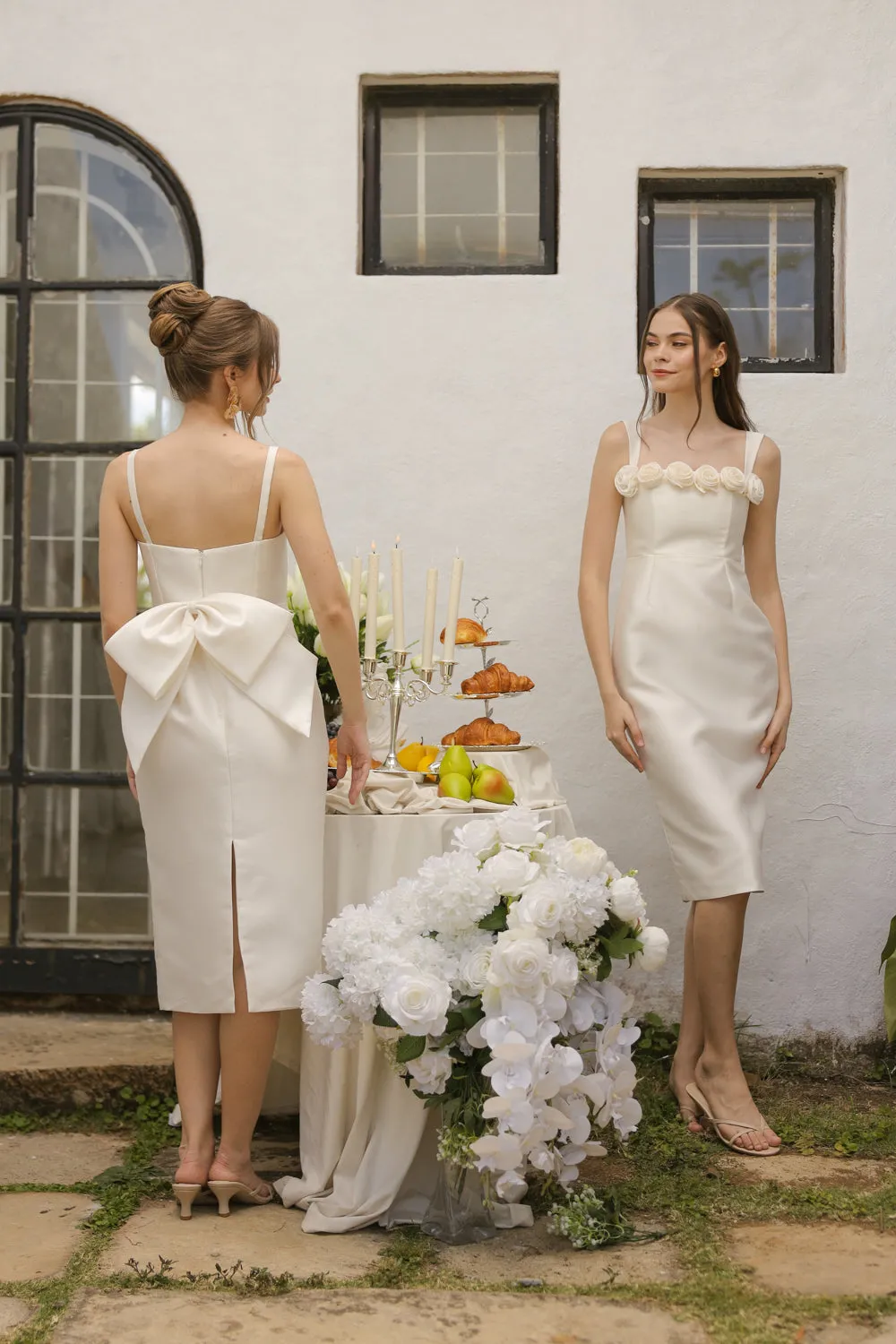 Giselle Strappy Pencil Cut Midi Dress with Flowers on Neckline (Ivory White Gazaar)