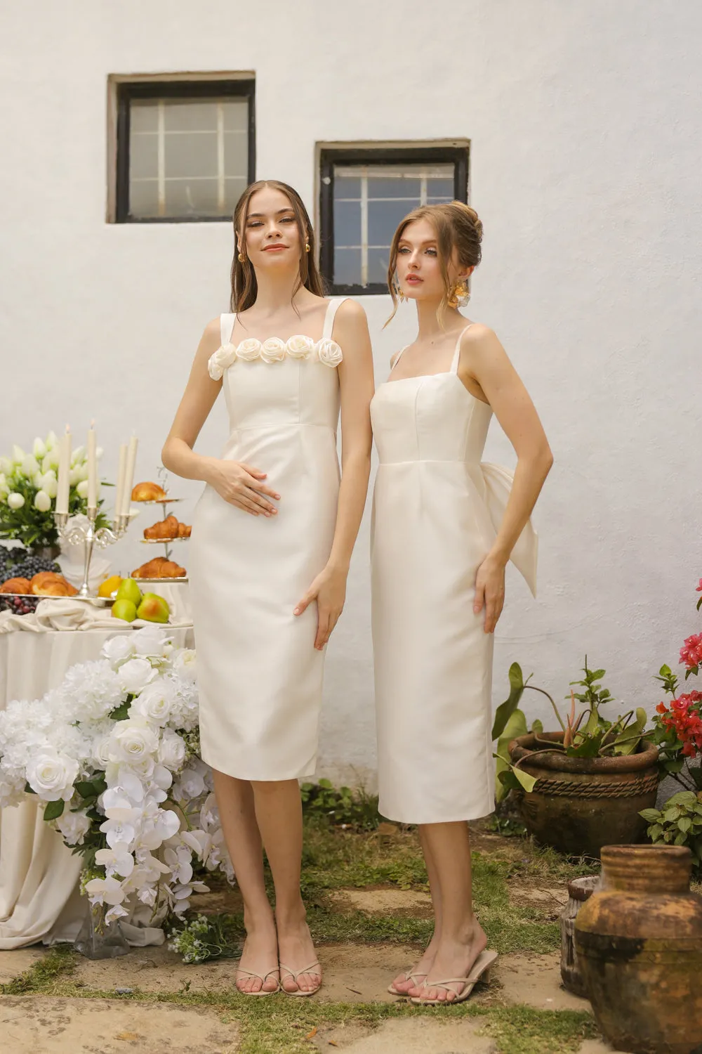 Giselle Strappy Pencil Cut Midi Dress with Flowers on Neckline (Ivory White Gazaar)