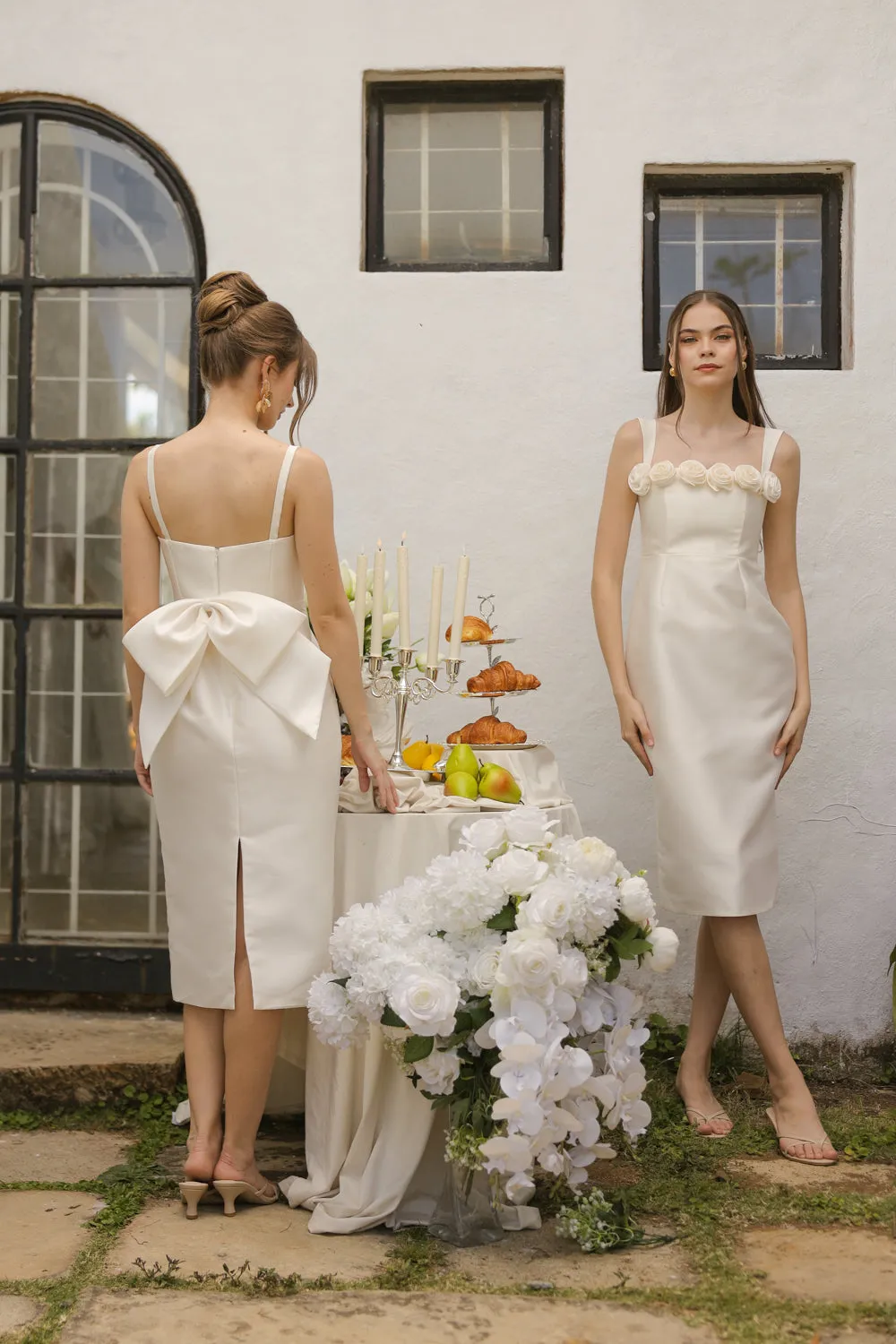 Giselle Strappy Pencil Cut Midi Dress with Flowers on Neckline (Ivory White Gazaar)