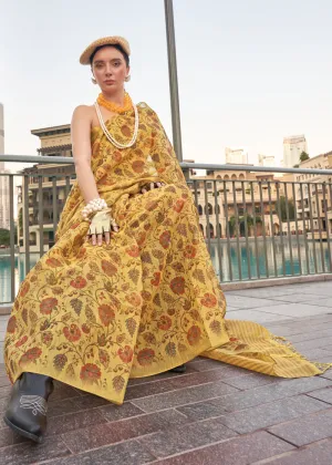 Golden Yellow Printed Tissue Banarasi Silk Saree