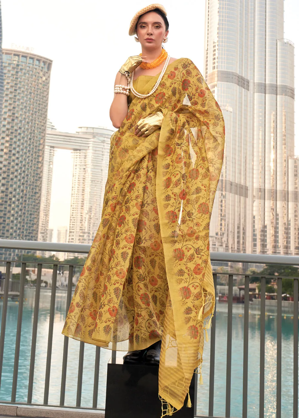 Golden Yellow Printed Tissue Banarasi Silk Saree