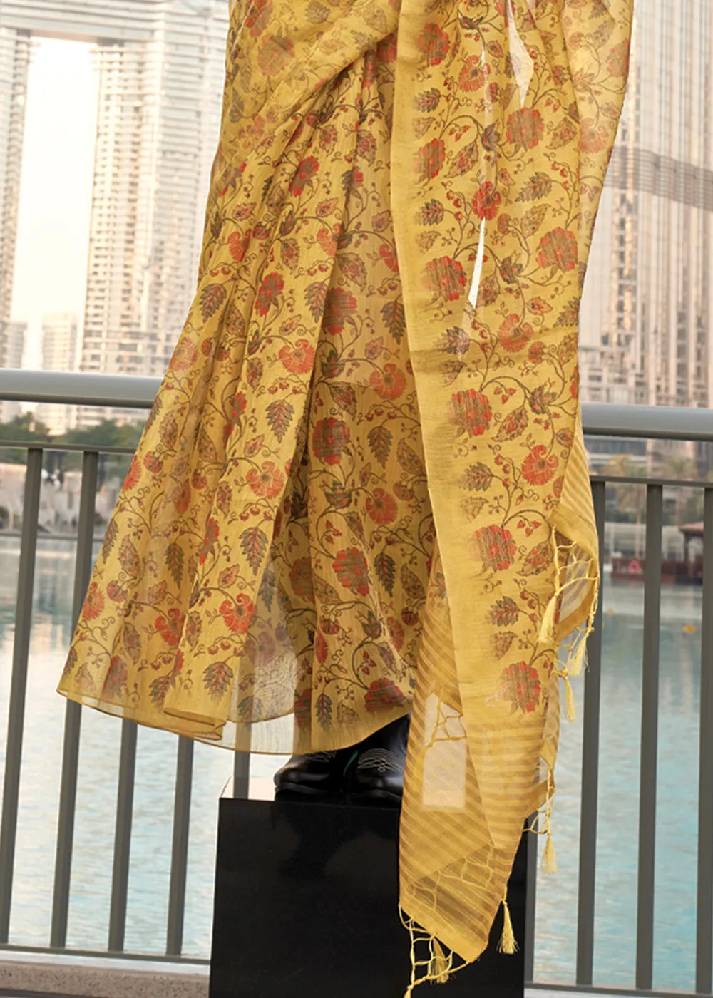 Golden Yellow Printed Tissue Banarasi Silk Saree