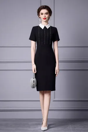 Greta Turn-Down Collar Short-Sleeved Nail Beads Office Lady Pencil Hip Wrap Dress