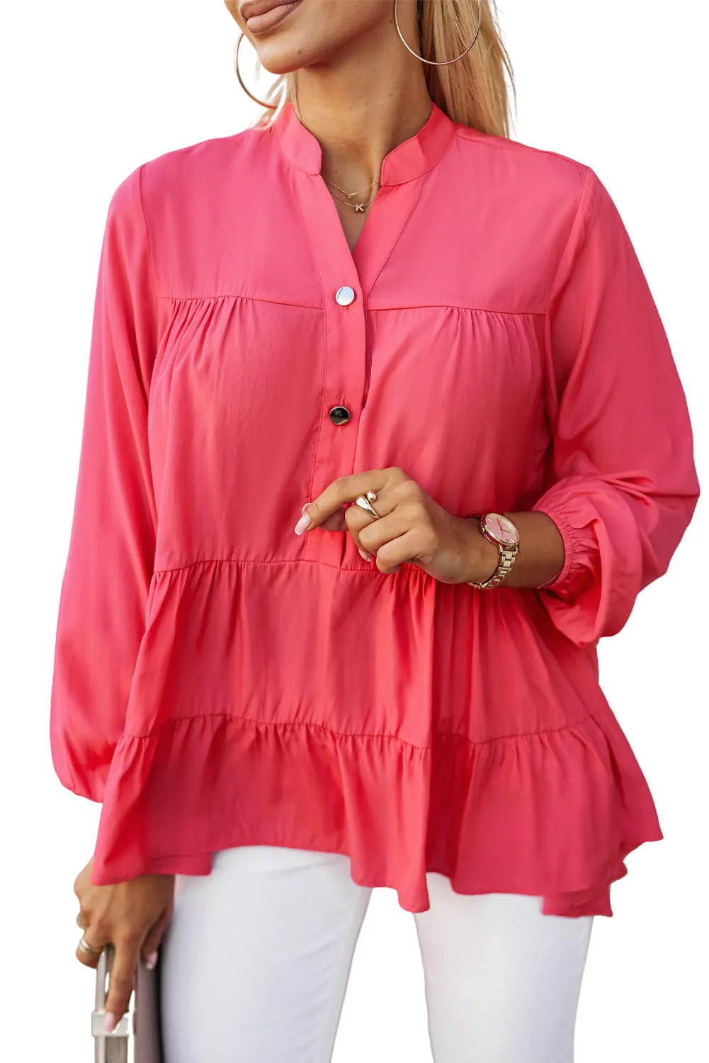 Half Buttoned Ruffle Tiered Blouse