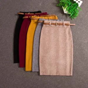 High Skirts Casual Women High Waist Knee-length Knitted Pencil Skirt Elegant Slim Midi Skirts