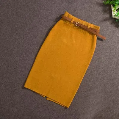 High Skirts Casual Women High Waist Knee-length Knitted Pencil Skirt Elegant Slim Midi Skirts