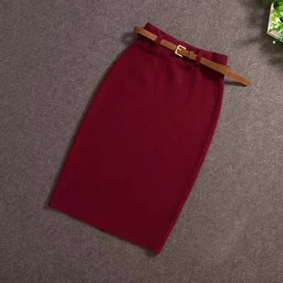 High Skirts Casual Women High Waist Knee-length Knitted Pencil Skirt Elegant Slim Midi Skirts