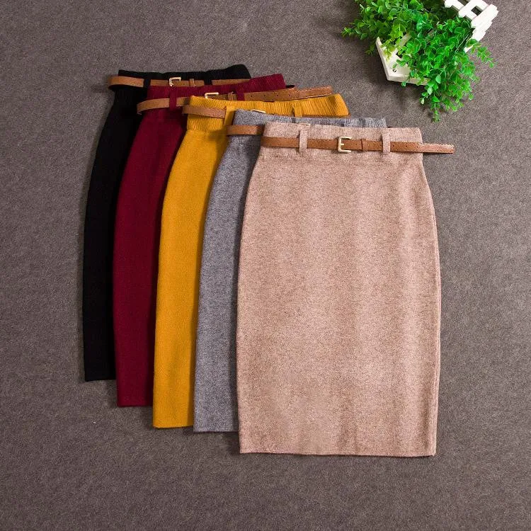 High Skirts Casual Women High Waist Knee-length Knitted Pencil Skirt Elegant Slim Midi Skirts