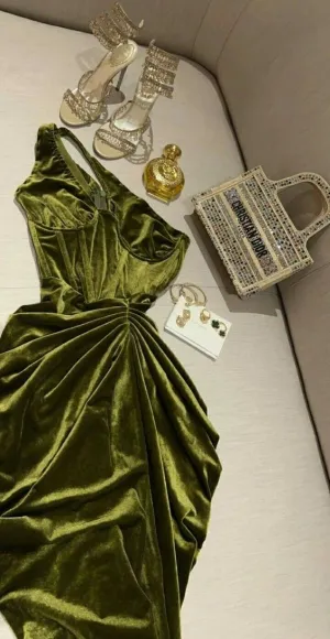 JazzHer Classy Sheath One Shoulder Olive Green Velvet Prom Dresses Evening Dress (PRE-ORDER)