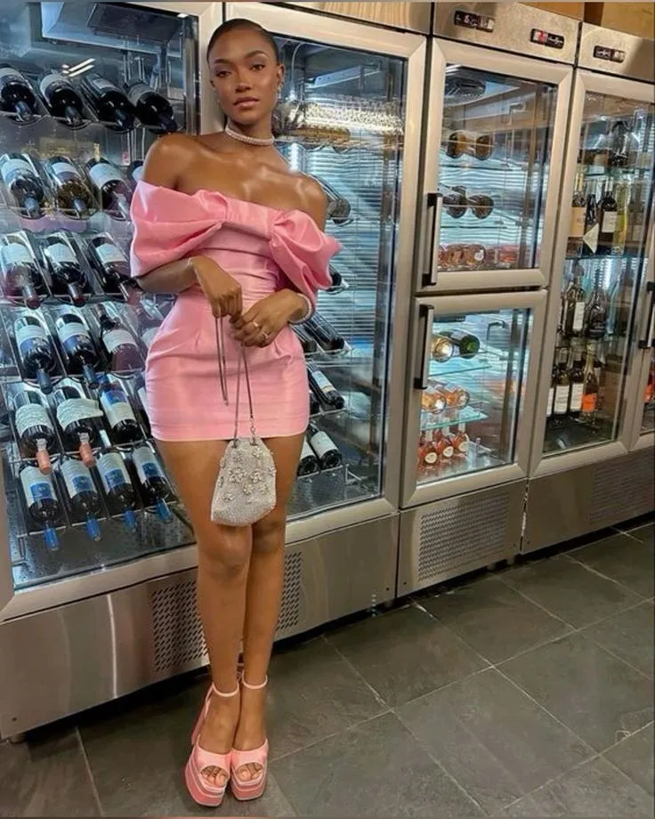 JazzHer Cute Sheath Off The Shoulder Pink Satin Homecoming Dresses Short Cocktail Dress With Bow (PRE-ORDER)