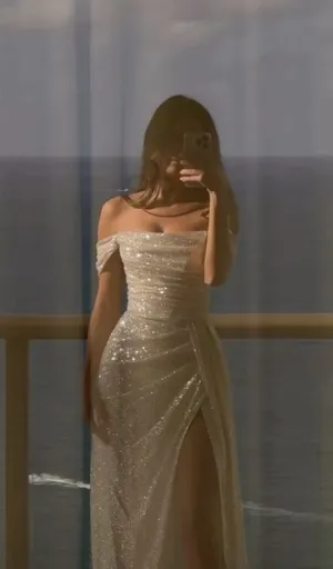 JazzHer Elegant Sheath Off The Shoulder White Slit Sequin Prom Dresses Long Evening Dress (PRE-ORDER)