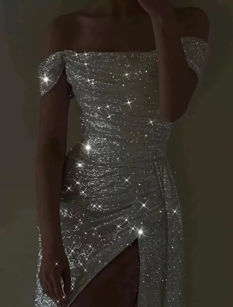 JazzHer Elegant Sheath Off The Shoulder White Slit Sequin Prom Dresses Long Evening Dress (PRE-ORDER)
