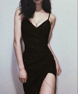 JazzHer Elegant Sheath Spaghetti Straps Black Sequin Long Prom Dress Evening Dresses (PRE-ORDER)
