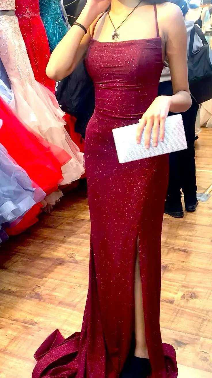 JazzHer Elegant Sheath Spaghetti Straps Burgundy Slit Sequin Prom Dresses Long Evening Dress (PRE-ORDER)