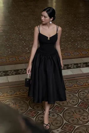 JazzHer Modest A Line Spaghetti Straps Sleeveless Black Satin Prom Dresses Evening Dress (PRE-ORDER)