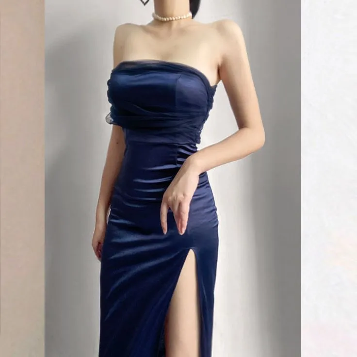 JazzHer Modest Sheath One Shoulder Sleeveless Navy Blue Slit Satin Prom Dresses Long Evening Dress (PRE-ORDER)