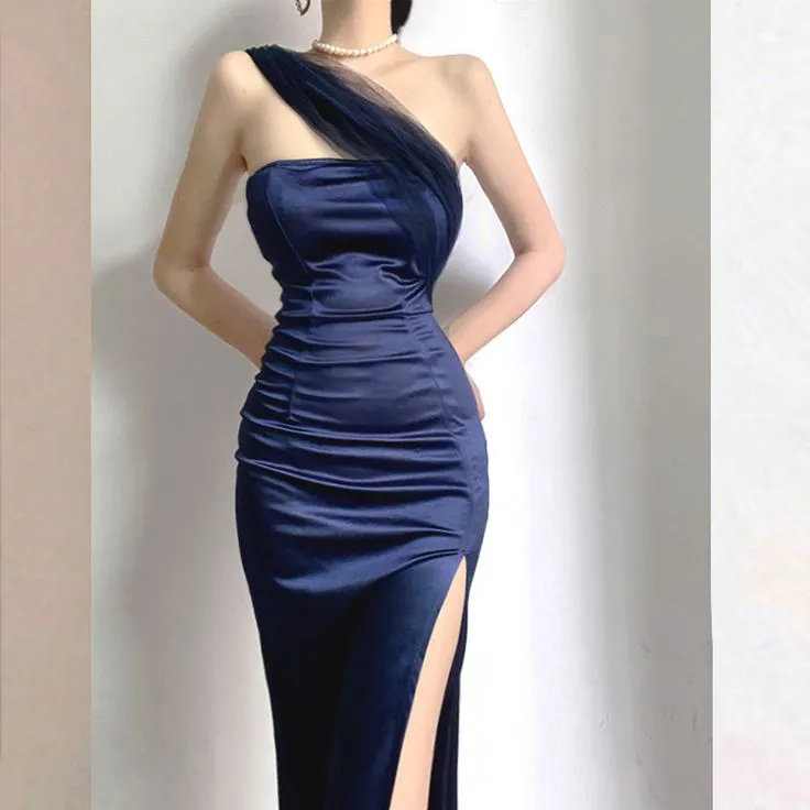 JazzHer Modest Sheath One Shoulder Sleeveless Navy Blue Slit Satin Prom Dresses Long Evening Dress (PRE-ORDER)