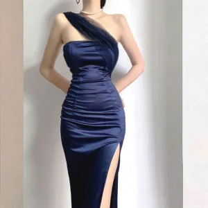 JazzHer Modest Sheath One Shoulder Sleeveless Navy Blue Slit Satin Prom Dresses Long Evening Dress (PRE-ORDER)
