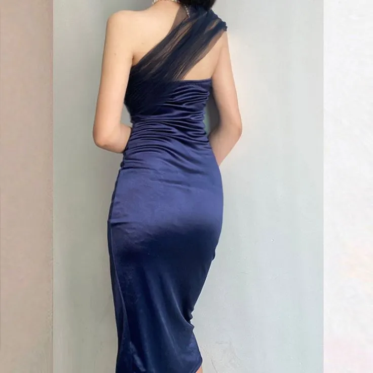 JazzHer Modest Sheath One Shoulder Sleeveless Navy Blue Slit Satin Prom Dresses Long Evening Dress (PRE-ORDER)