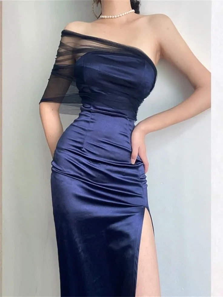 JazzHer Modest Sheath One Shoulder Sleeveless Navy Blue Slit Satin Prom Dresses Long Evening Dress (PRE-ORDER)