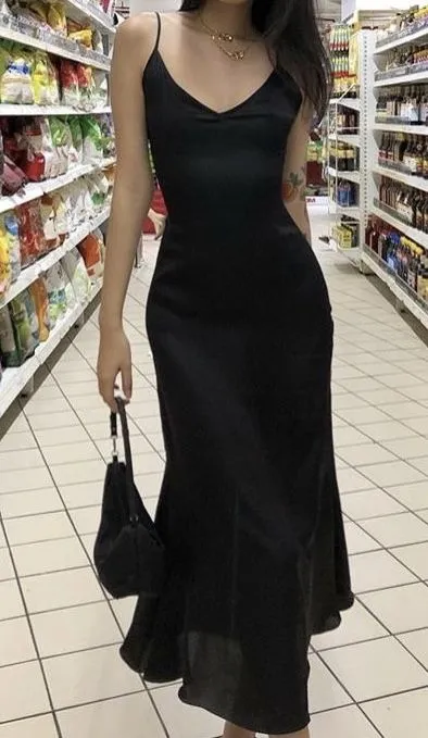 JazzHer Modest Sheath Spaghetti Straps Black Satin Prom Dresses Evening Dress (PRE-ORDER)