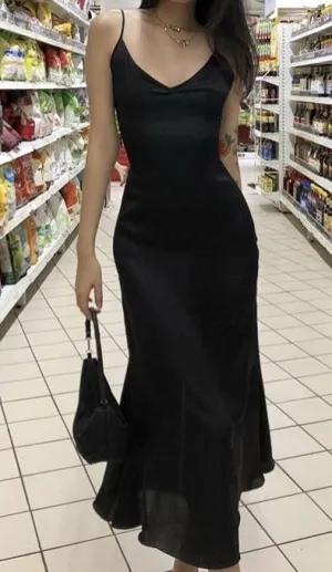 JazzHer Modest Sheath Spaghetti Straps Black Satin Prom Dresses Evening Dress (PRE-ORDER)
