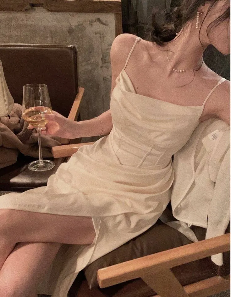 JazzHer Modest Sheath Spaghetti Straps Ivory Slit Prom Dresses Evening Dress (PRE-ORDER)