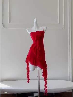JazzHer Modest Sheath Spaghetti Straps Red Chiffon Ruffled Short Homecoming Dresses Birthday Outfits (PRE-ORDER)