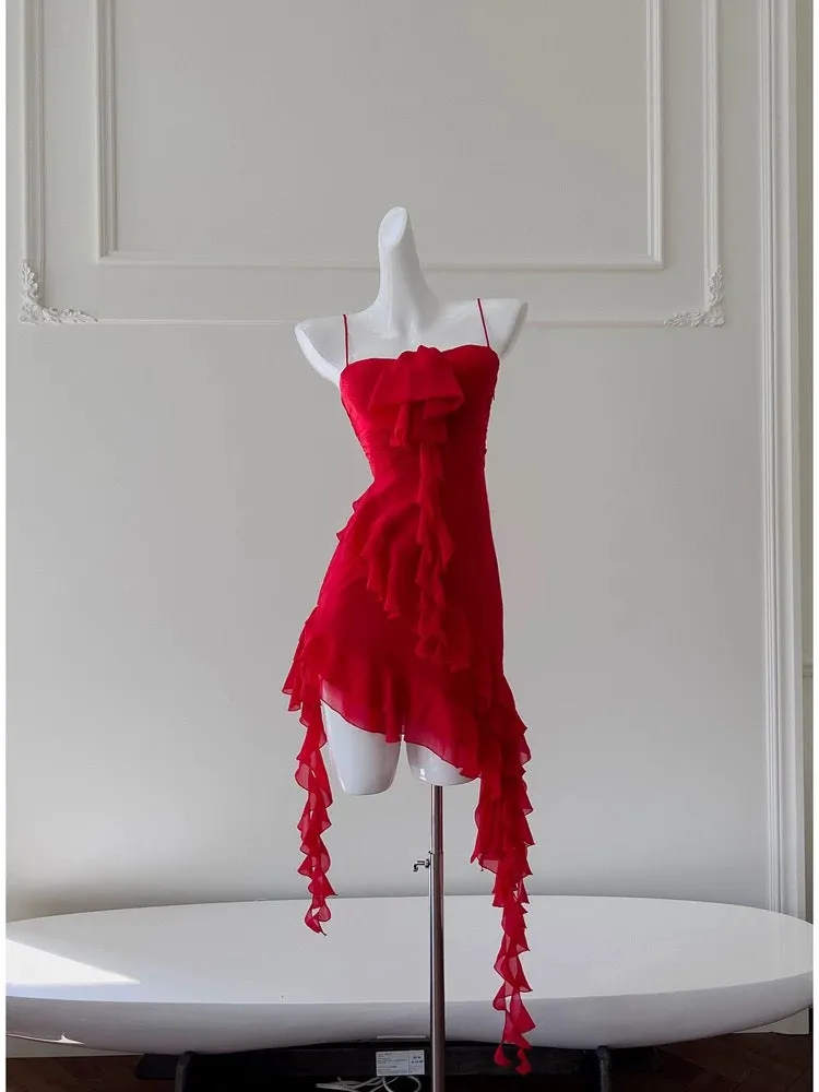 JazzHer Modest Sheath Spaghetti Straps Red Chiffon Ruffled Short Homecoming Dresses Birthday Outfits (PRE-ORDER)