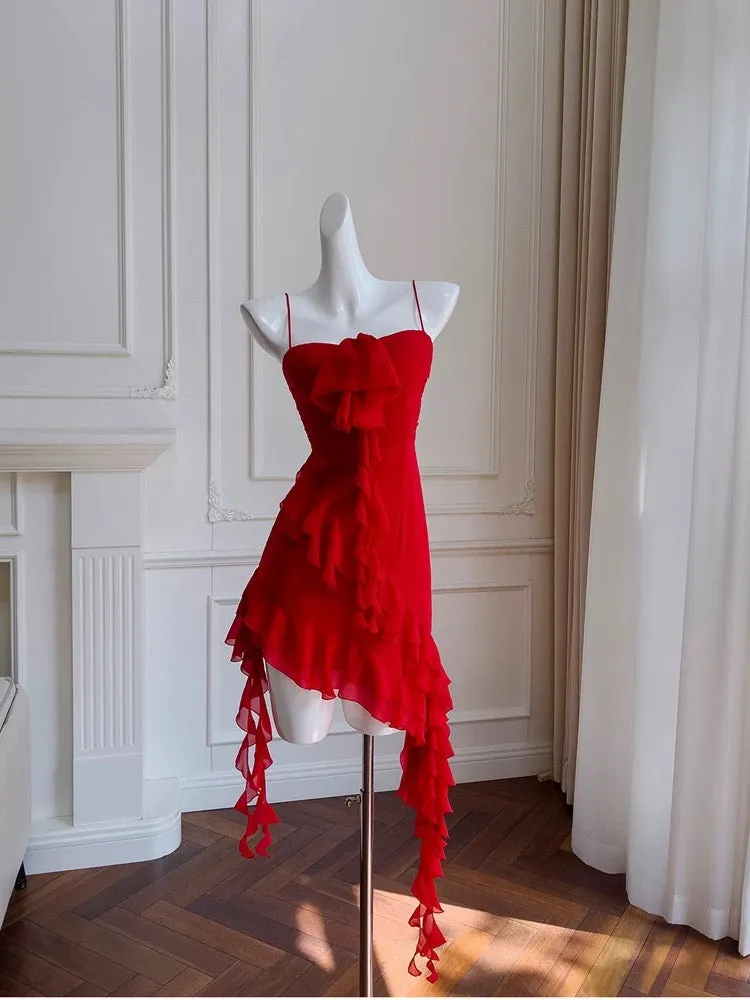 JazzHer Modest Sheath Spaghetti Straps Red Chiffon Ruffled Short Homecoming Dresses Birthday Outfits (PRE-ORDER)