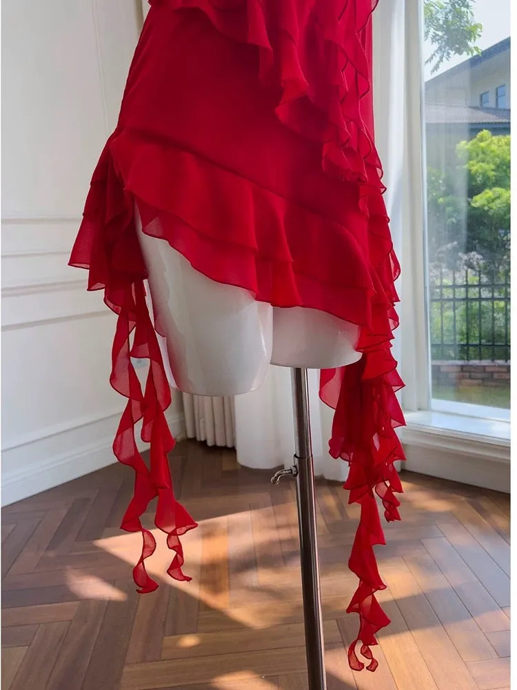 JazzHer Modest Sheath Spaghetti Straps Red Chiffon Ruffled Short Homecoming Dresses Birthday Outfits (PRE-ORDER)