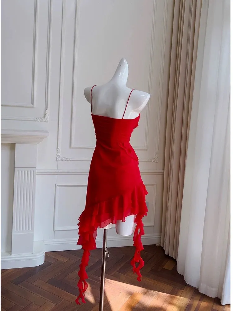 JazzHer Modest Sheath Spaghetti Straps Red Chiffon Ruffled Short Homecoming Dresses Birthday Outfits (PRE-ORDER)