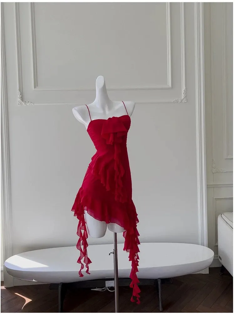 JazzHer Modest Sheath Spaghetti Straps Red Chiffon Ruffled Short Homecoming Dresses Birthday Outfits (PRE-ORDER)