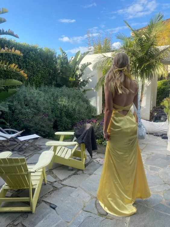 JazzHer Modest Sheath Spaghetti Straps Yellow Satin Long Prom Dresses Evening Dress (PRE-ORDER)
